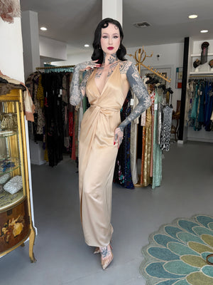 2011 Gucci Resort Collection Champagne Silk Draped Low-Plunge High Slit Maxi Slip Dress