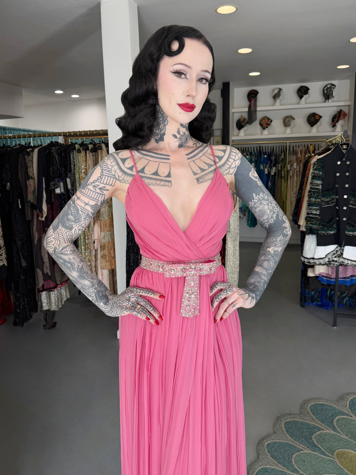 2008 Christian Dior by John Galliano Resort Pink Silk Low-Cut Jeweled Belt Pleated Gown