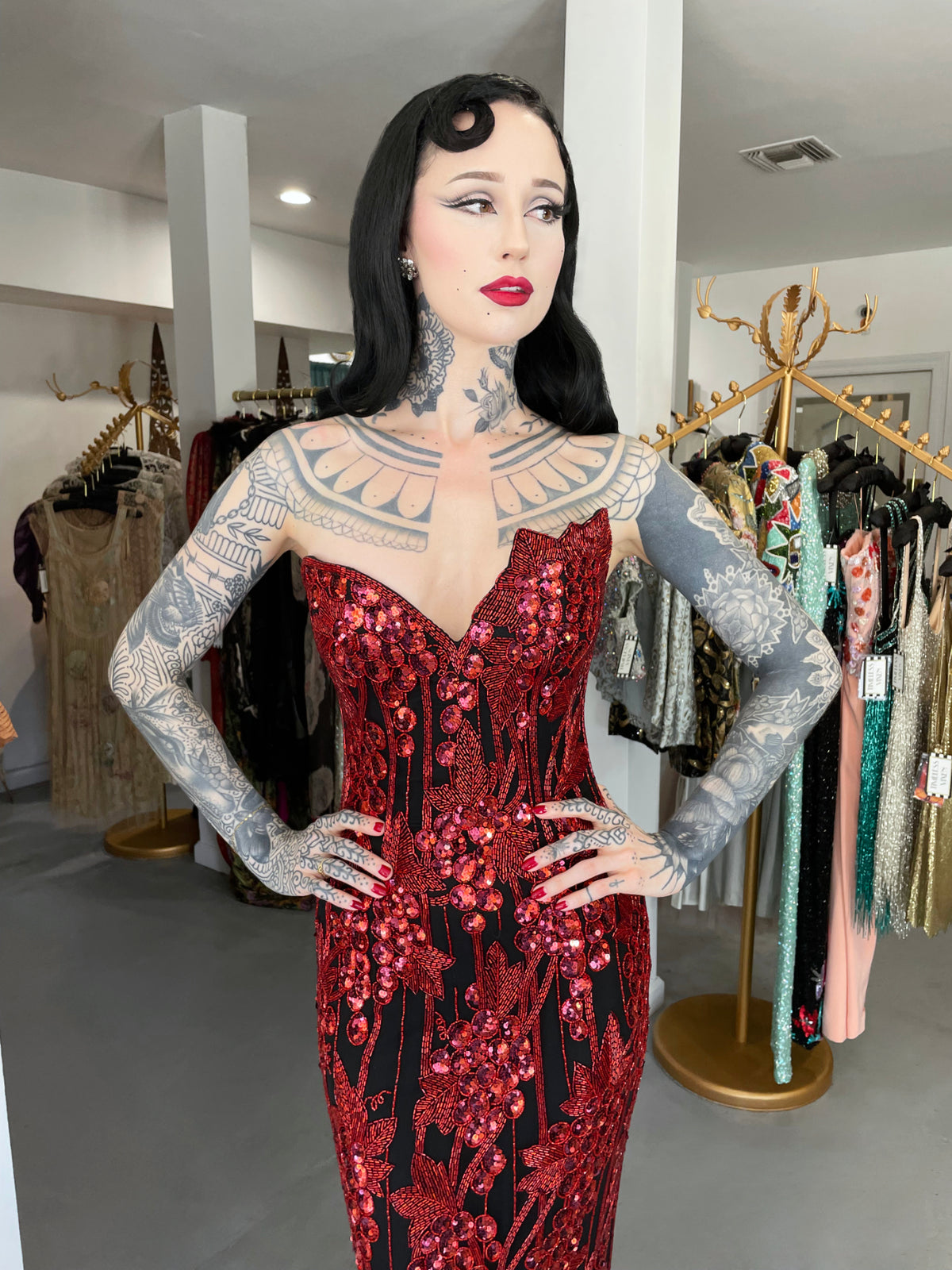 1990 Bob Mackie Red Grapevines Beaded Sequin Silk Strapless Hourglass Slit Gown