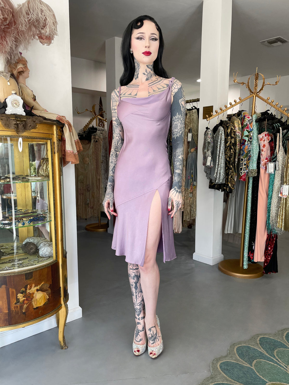 2000 John Galliano Lilac Satin Asymmetric Draped High Slit Bias-Cut Slip Dress