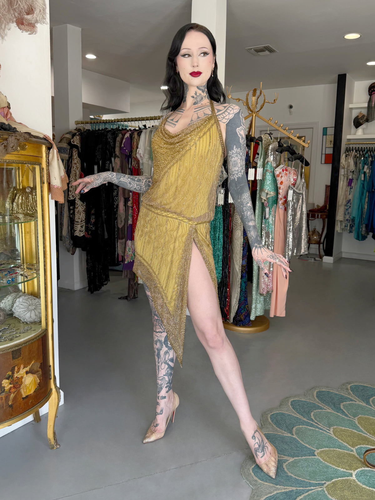 1992 Bob Mackie Runway Metallic Gold Fully-Beaded Halter High Slit 'Flapper' Dress