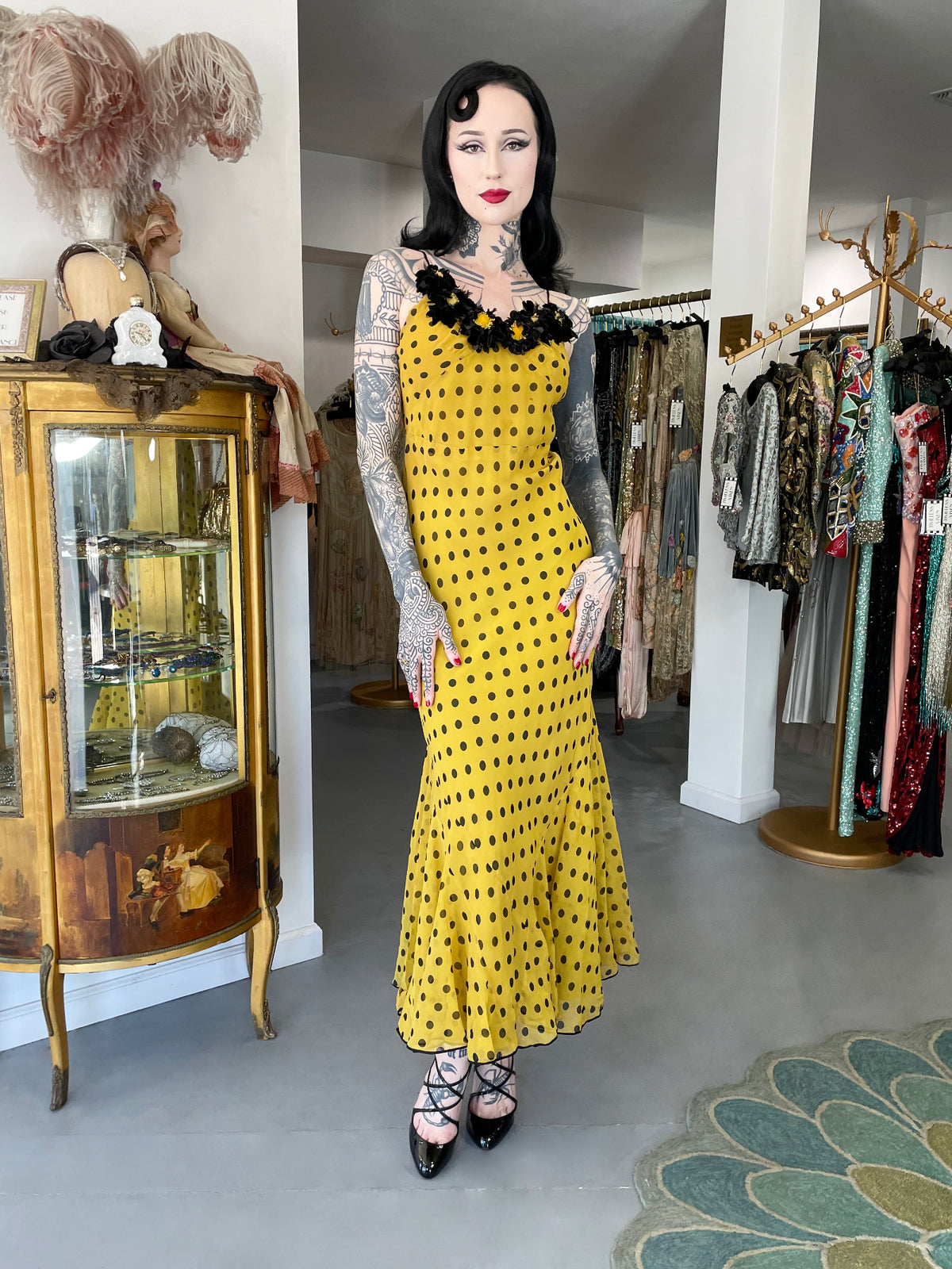 1930&#39;s Germaine Monteil Couture Polka Dot Silk Appliqué Bias-Cut Gown w/ Capelet