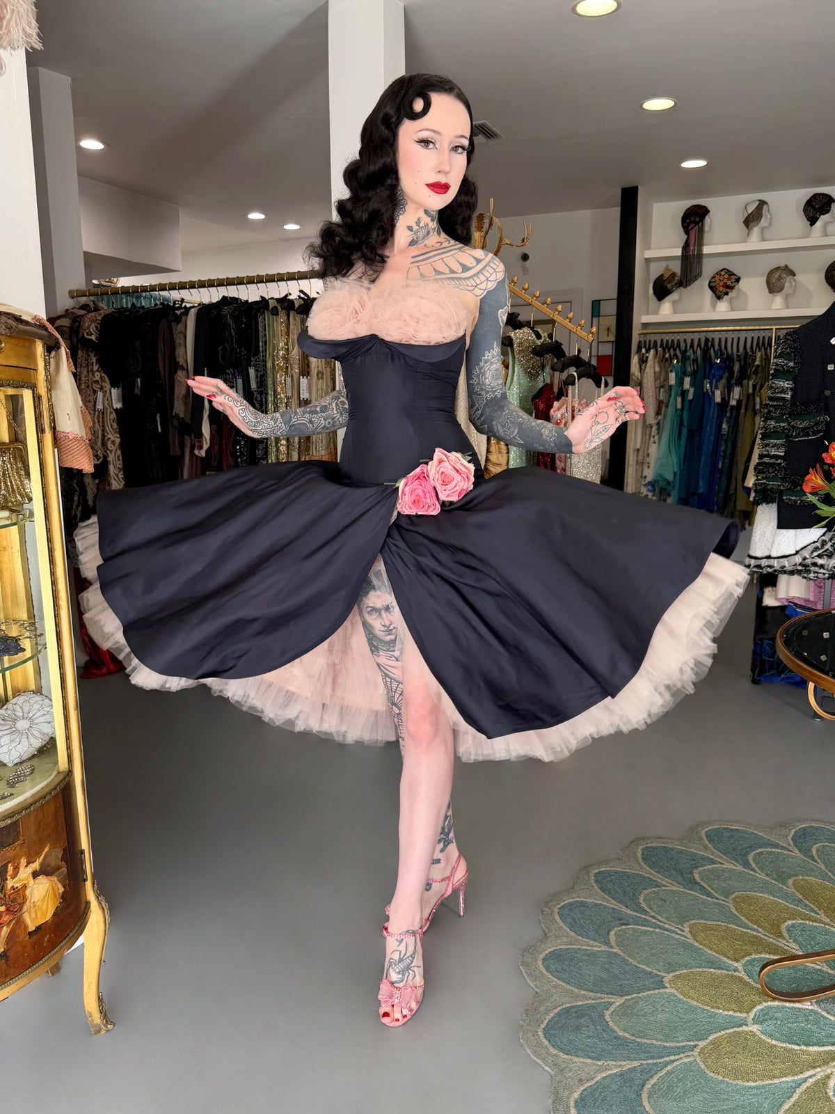 1950's Don Miguel of California Navy Silk &amp; Blush Pink Tulle Ruffle Shelf-Bust Strapless Dress