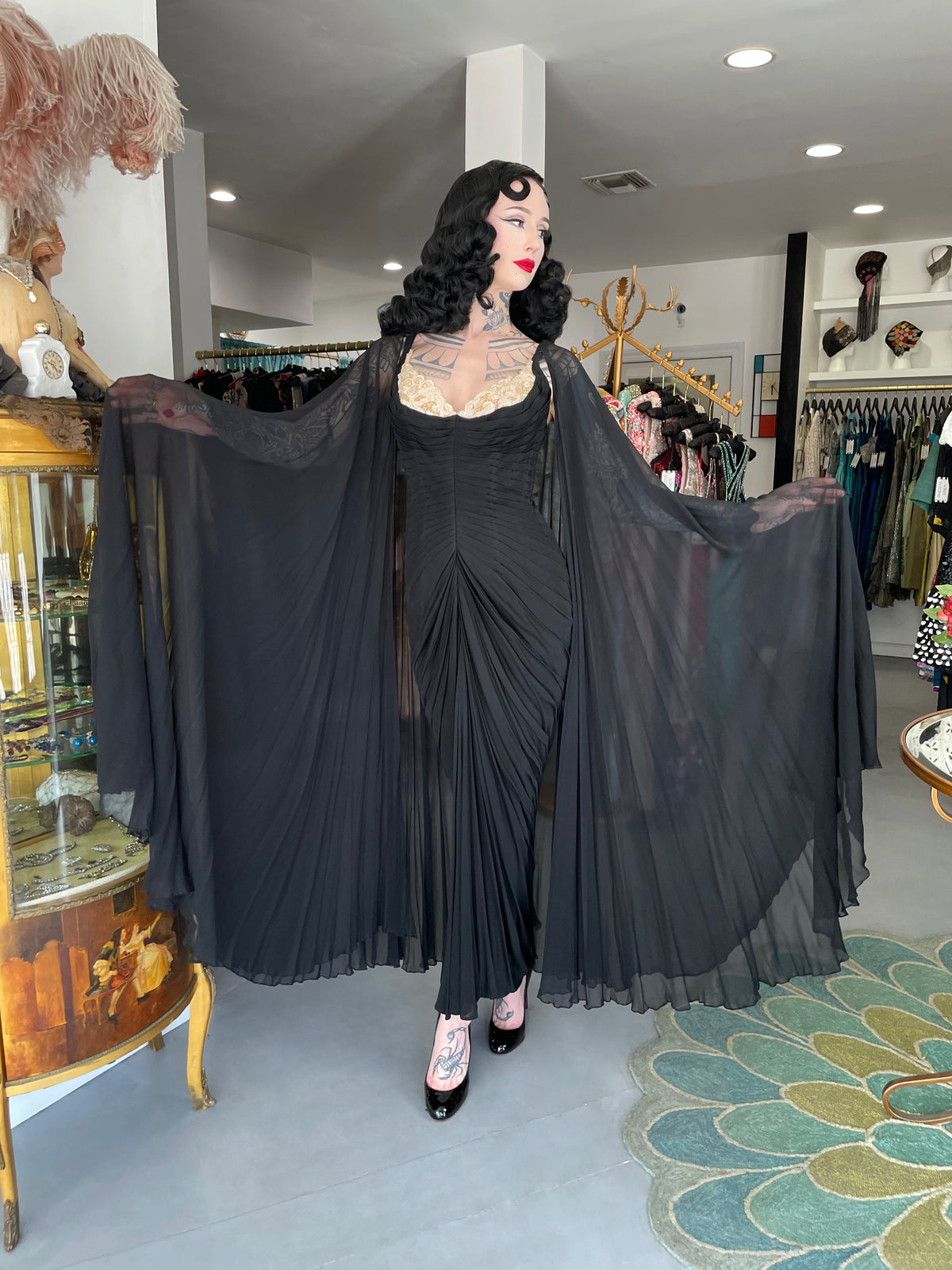 1964 Yma Sumac Documented Custom Couture Ruched Black Silk Hourglass Gown w/ Cape