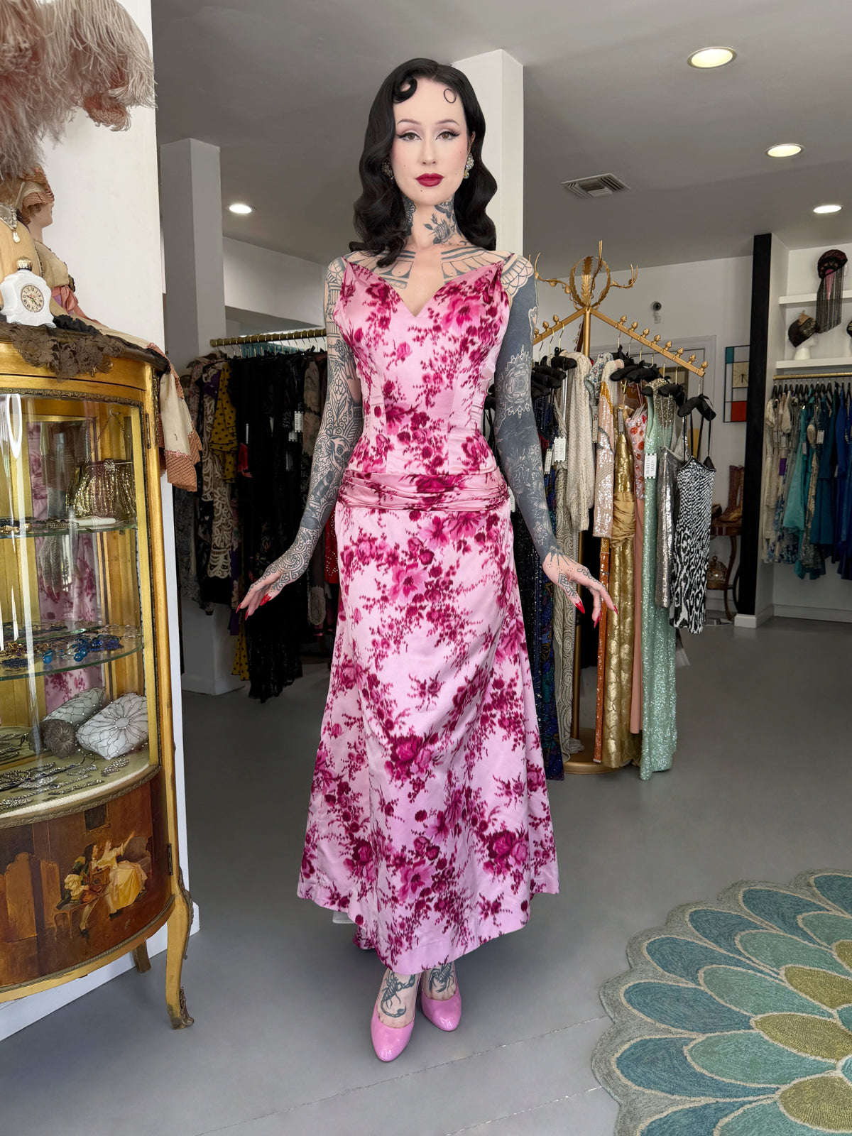 1955 Samuel Winston Vogue Documented Pink Floral Silk Satin Sculptural Trained Gown