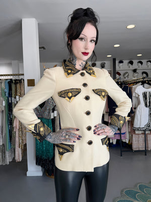 1992 Gianni Versace 'Miss S & M' Runway Collection Ivory Wool Studded Leather Editorial Jacket
