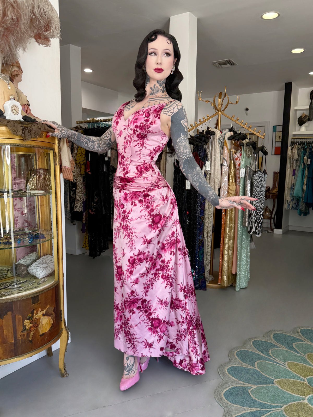 1955 Samuel Winston Vogue Documented Pink Floral Silk Satin Sculptural Trained Gown
