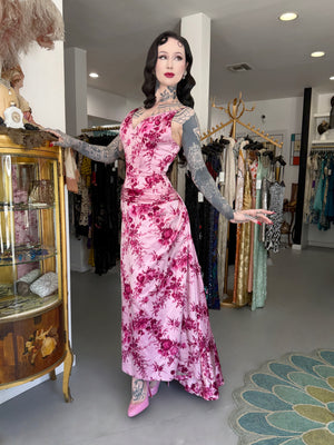 1955 Samuel Winston Vogue Documented Pink Floral Silk Satin Sculptural Trained Gown