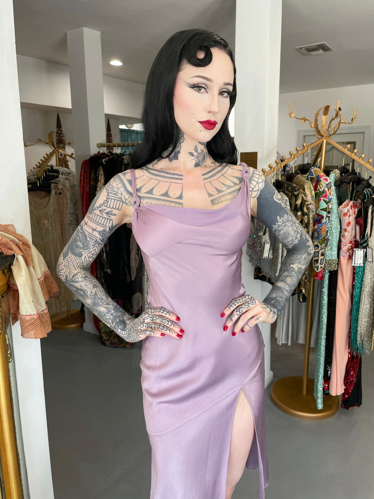 2000 John Galliano Lilac Satin Asymmetric Draped High Slit Bias-Cut Slip Dress