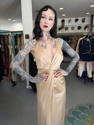 2011 Gucci Resort Collection Champagne Silk Draped Low-Plunge High Slit Maxi Slip Dress