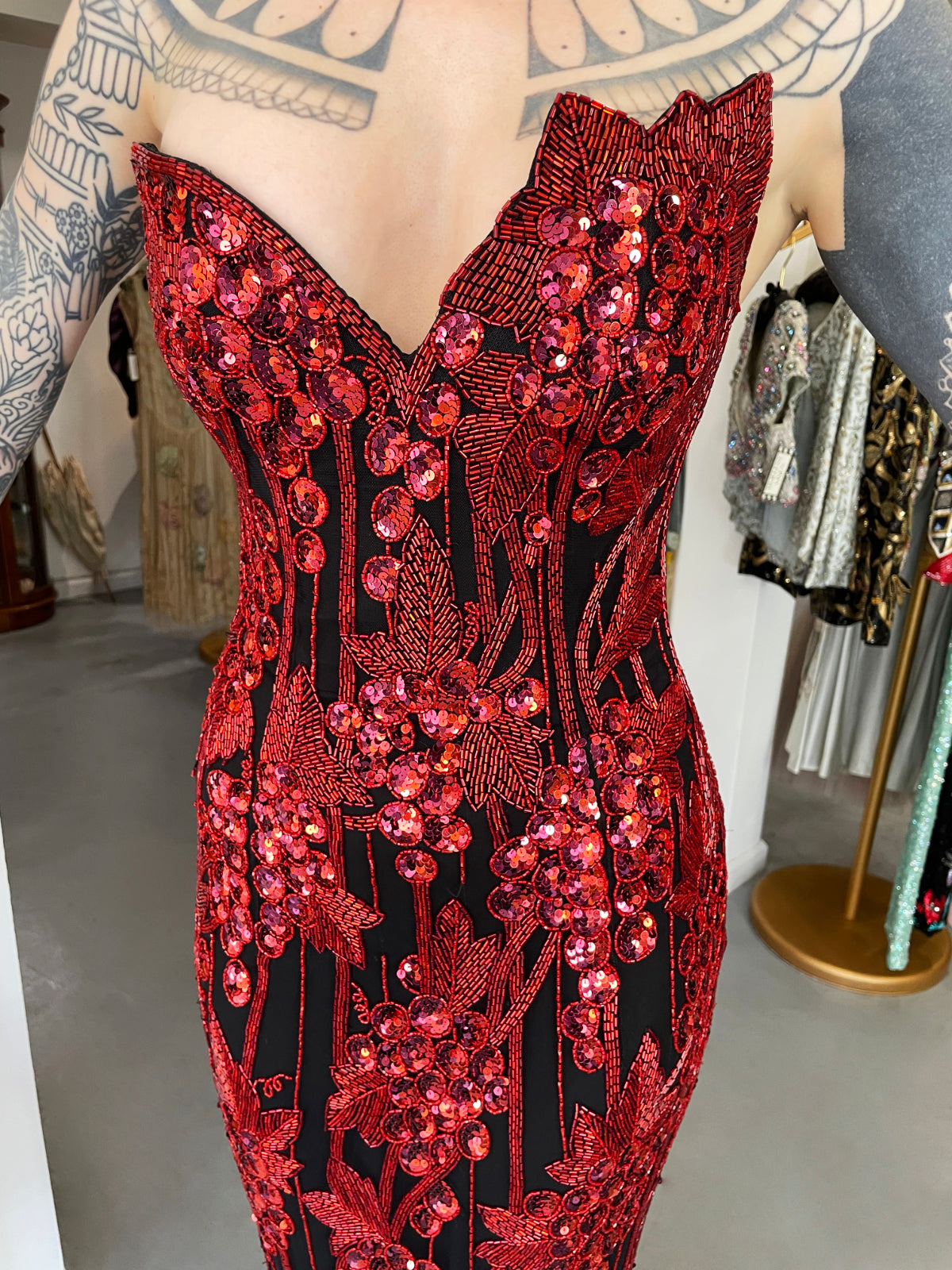 1990 Bob Mackie Red Grapevines Beaded Sequin Silk Strapless Hourglass Slit Gown