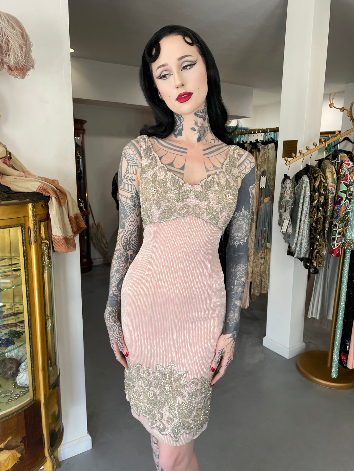 1965 Helen Rose Couture Fully-Beaded Blush Pink Silk Hourglass Dress