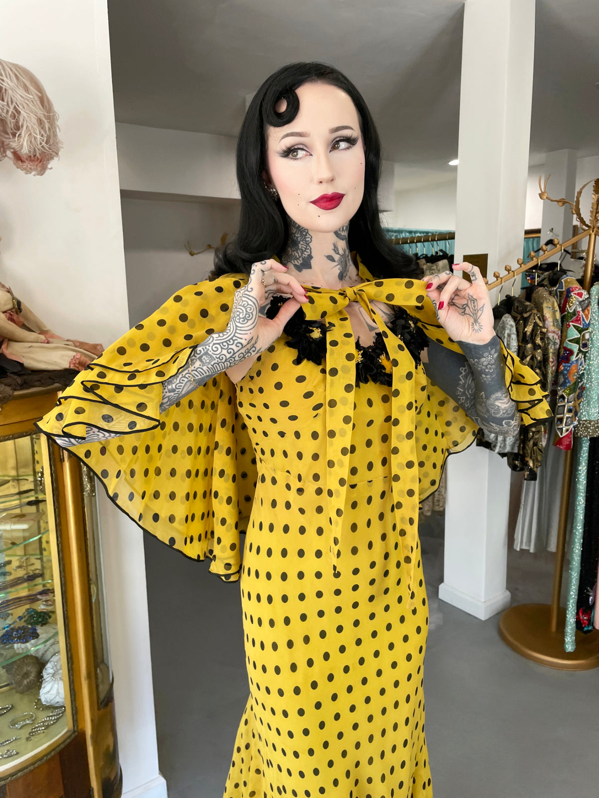 1930&#39;s Germaine Monteil Couture Polka Dot Silk Appliqué Bias-Cut Gown w/ Capelet