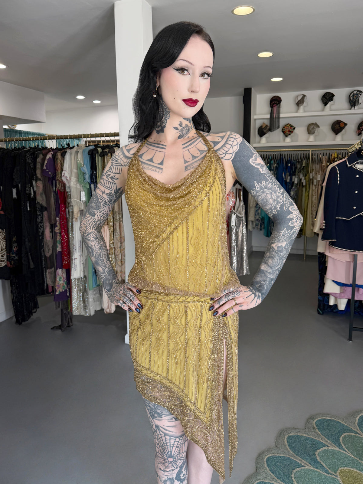 1992 Bob Mackie Runway Metallic Gold Fully-Beaded Halter High Slit 'Flapper' Dress
