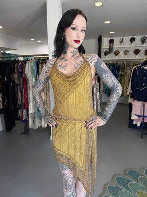 1992 Bob Mackie Runway Metallic Gold Fully-Beaded Halter High Slit 'Flapper' Dress