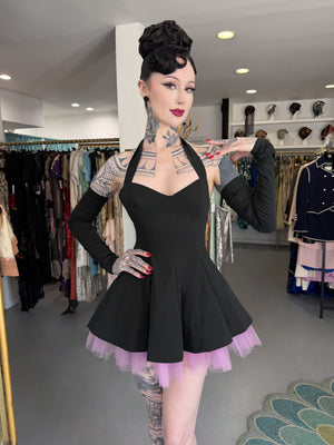 1992 Dolce & Gabbana Runway Black Stretch Cotton & Lilac Tulle Halter Mini Dress w/ Gloves