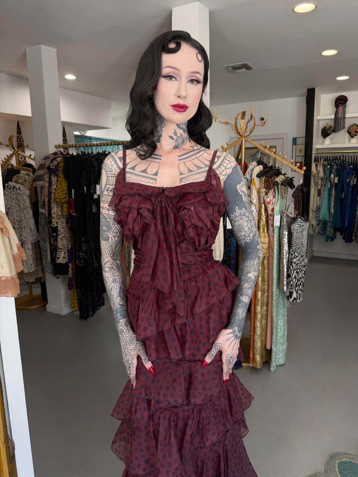 2011 Nina Ricci Editorial Burgundy & Black Polka-Dot Silk Tiered Ruffle Trained Gown w/ Tags