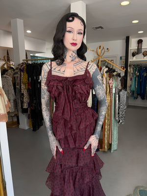 2011 Nina Ricci Editorial Burgundy & Black Polka-Dot Silk Tiered Ruffle Trained Gown w/ Tags