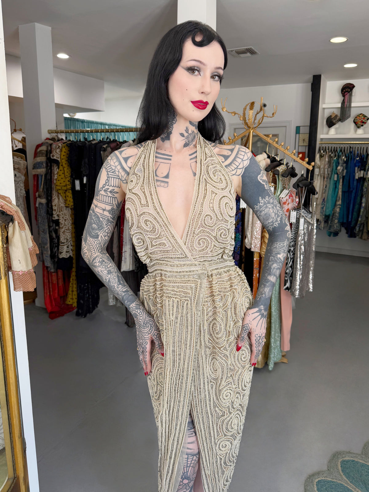 1982 Halston Runway Beaded Sheer Illusion Champagne Lace Backless Halter Wrap Gown