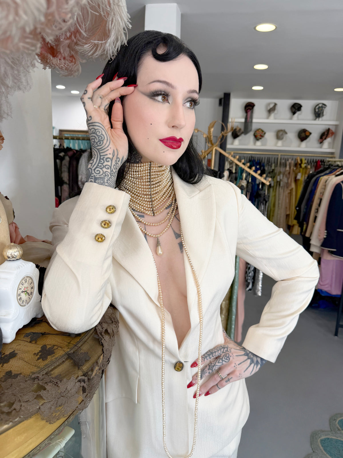 1999 Christian Dior by John Galliano Ivory Logo-Print Silk Enamel Buttons Pantsuit
