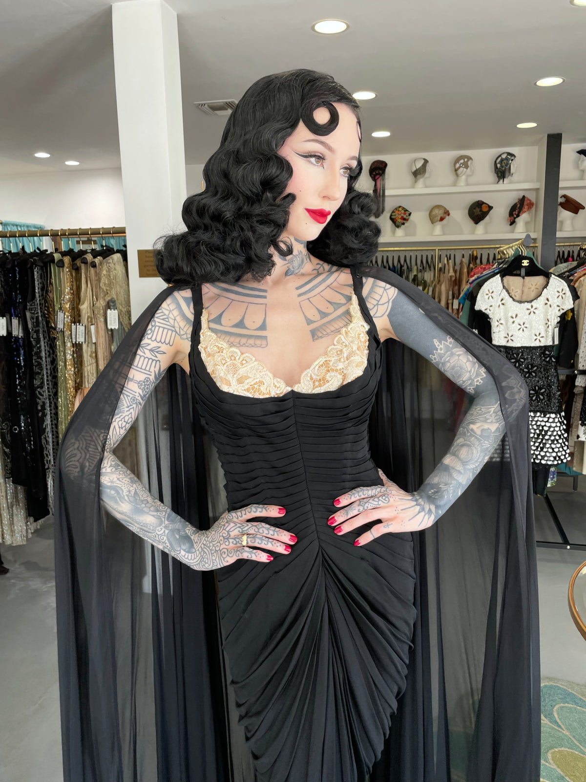 1964 Yma Sumac Documented Custom Couture Ruched Black Silk Hourglass Gown w/ Cape