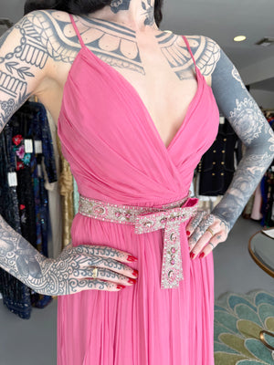 2008 Christian Dior by John Galliano Resort Pink Silk Low-Cut Jeweled Belt Pleated Gown