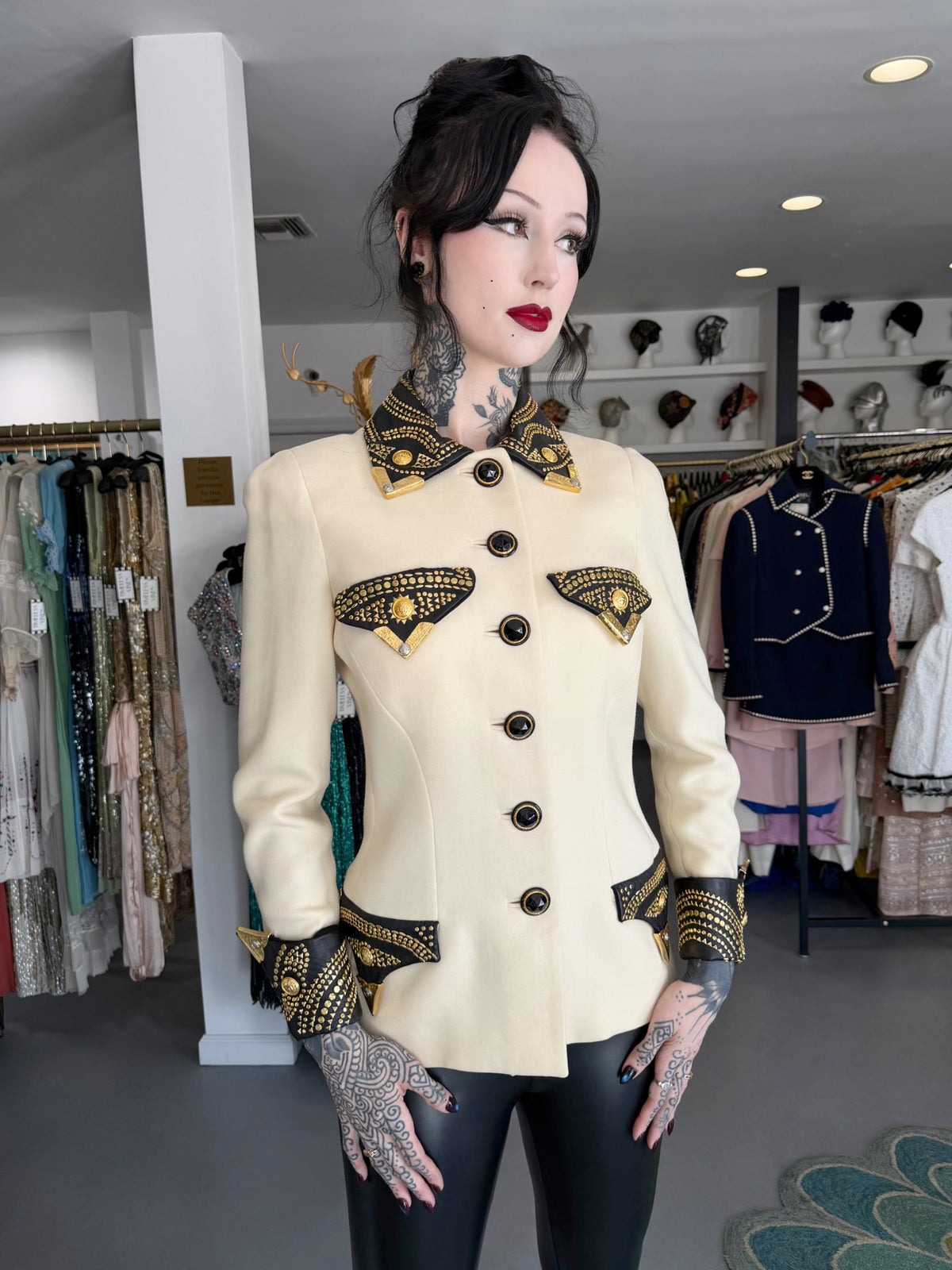 1992 Gianni Versace 'Miss S & M' Runway Collection Ivory Wool Studded Leather Editorial Jacket