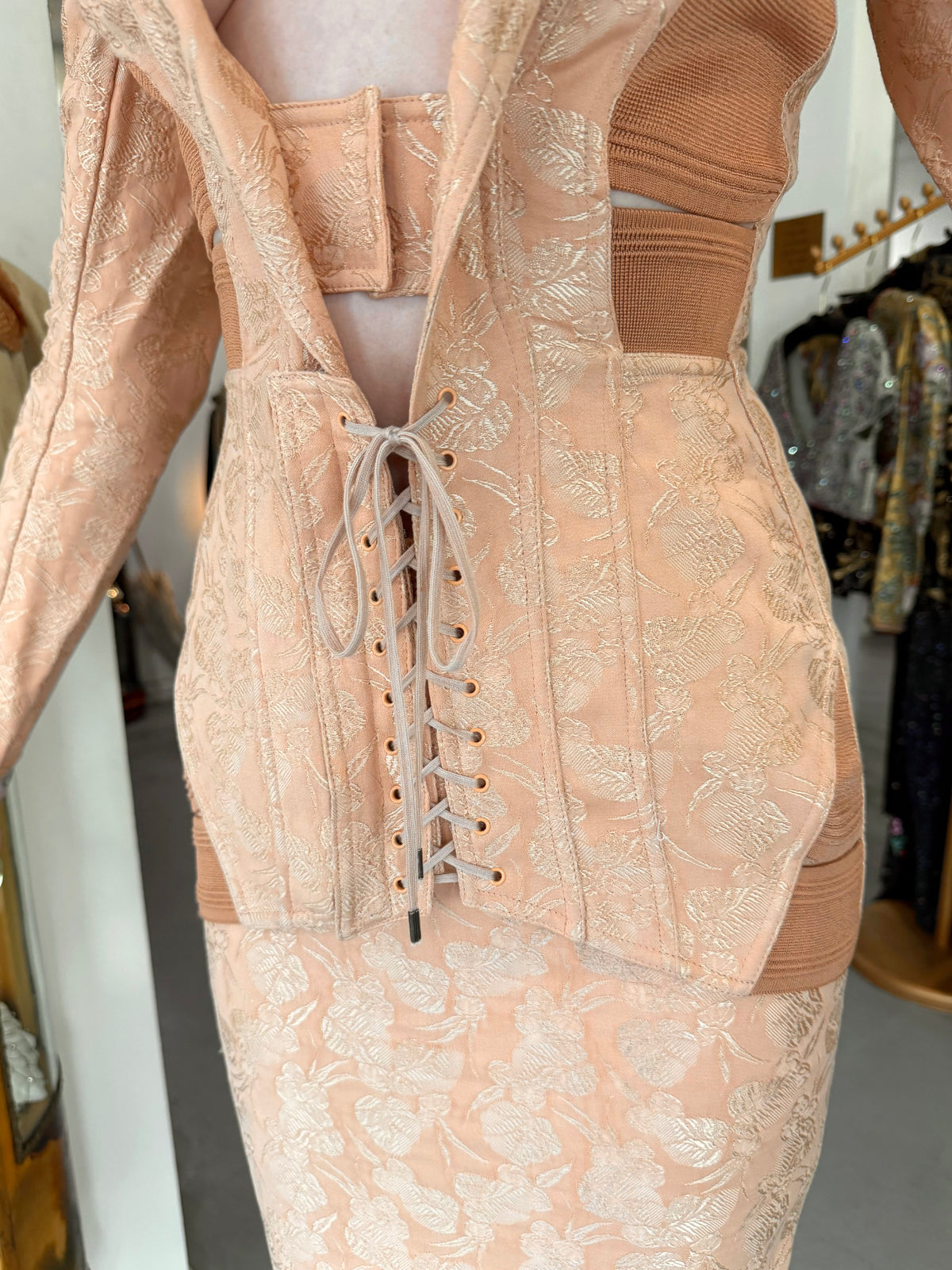 2004 Jean Paul Gaultier Runway Embroidered Blush Pink Corset Jacket & Matching Skirt