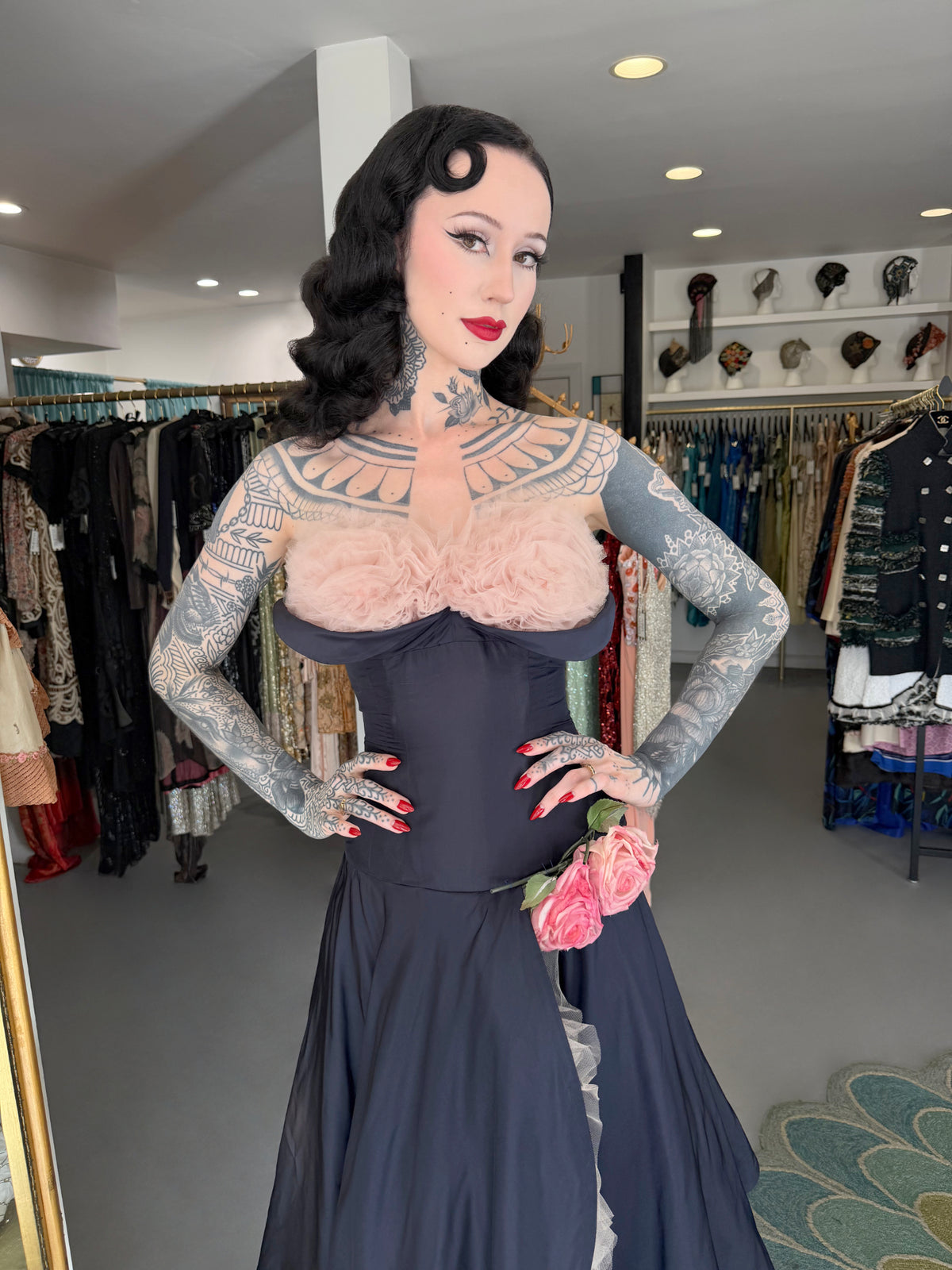 1950's Don Miguel of California Navy Silk &amp; Blush Pink Tulle Ruffle Shelf-Bust Strapless Dress
