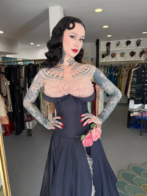1950's Don Miguel of California Navy Silk & Blush Pink Tulle Ruffle Shelf-Bust Strapless Dress