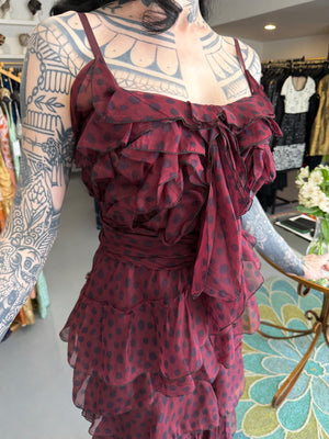 2011 Nina Ricci Editorial Burgundy & Black Polka-Dot Silk Tiered Ruffle Trained Gown w/ Tags