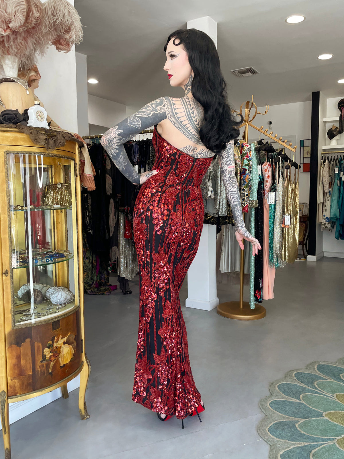 1990 Bob Mackie Red Grapevines Beaded Sequin Silk Strapless Hourglass Slit Gown