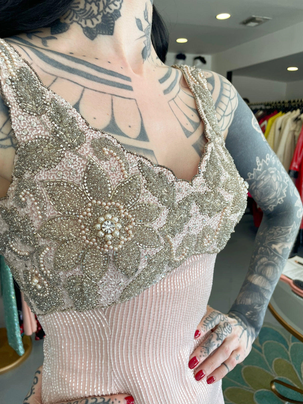 1965 Helen Rose Couture Fully-Beaded Blush Pink Silk Hourglass Dress