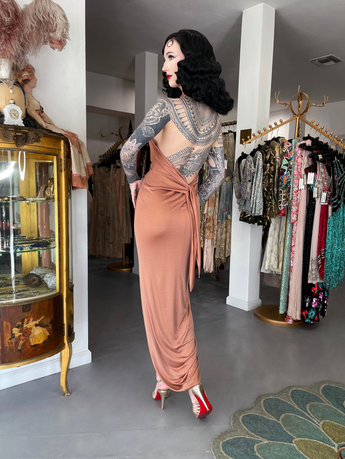 2005 Versace Nude Silk-Jersey Low Plunge Halter Backless Gown