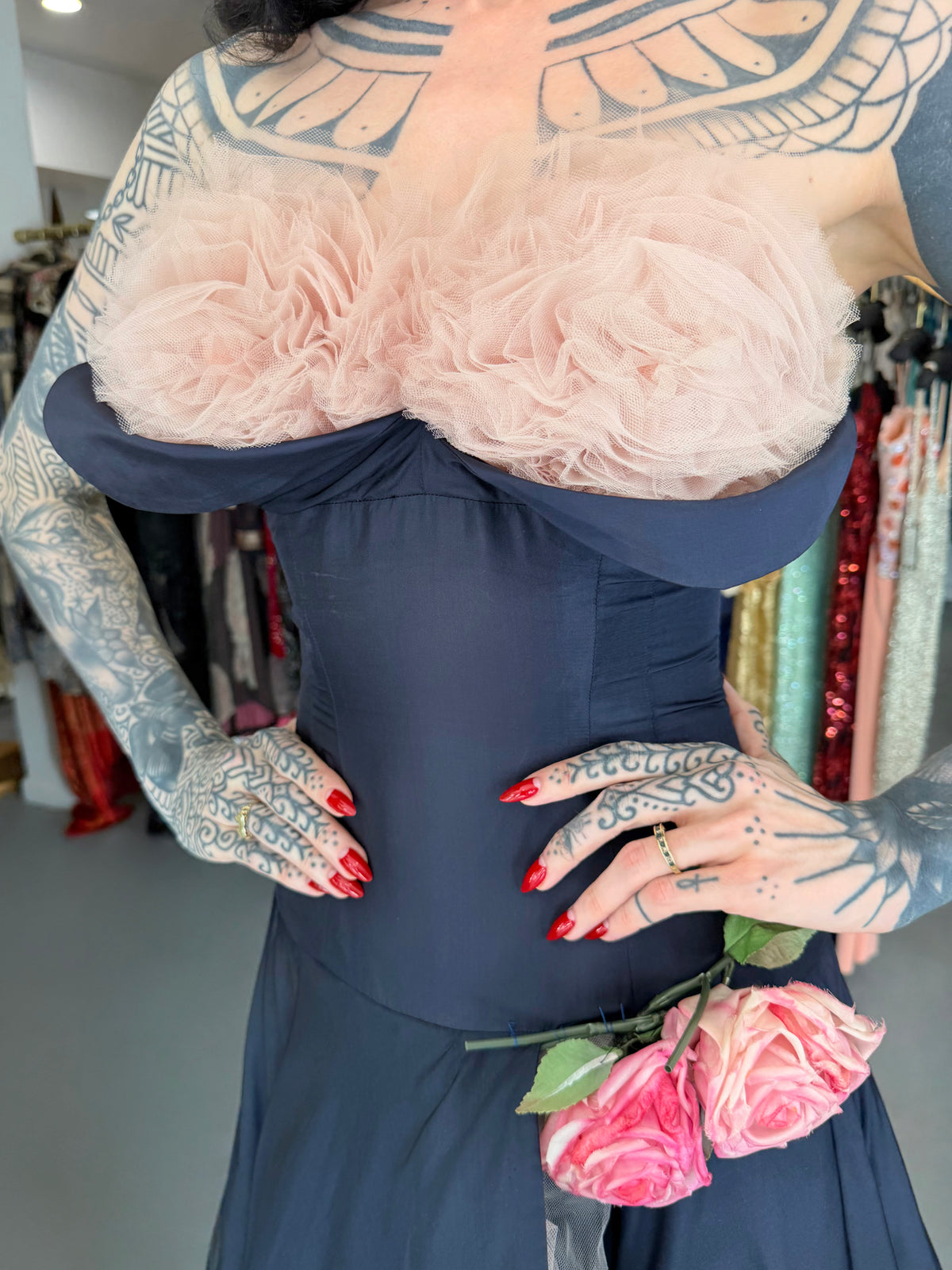 1950's Don Miguel of California Navy Silk &amp; Blush Pink Tulle Ruffle Shelf-Bust Strapless Dress