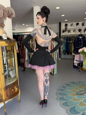 1992 Dolce & Gabbana Runway Black Stretch Cotton & Lilac Tulle Halter Mini Dress w/ Gloves