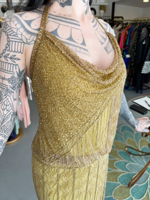 1992 Bob Mackie Runway Metallic Gold Fully-Beaded Halter High Slit 'Flapper' Dress