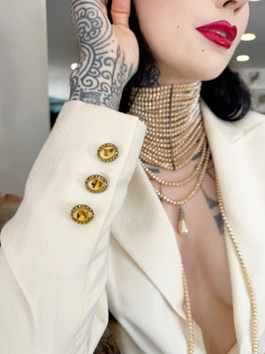 1999 Christian Dior by John Galliano Ivory Logo-Print Silk Enamel Buttons Pantsuit