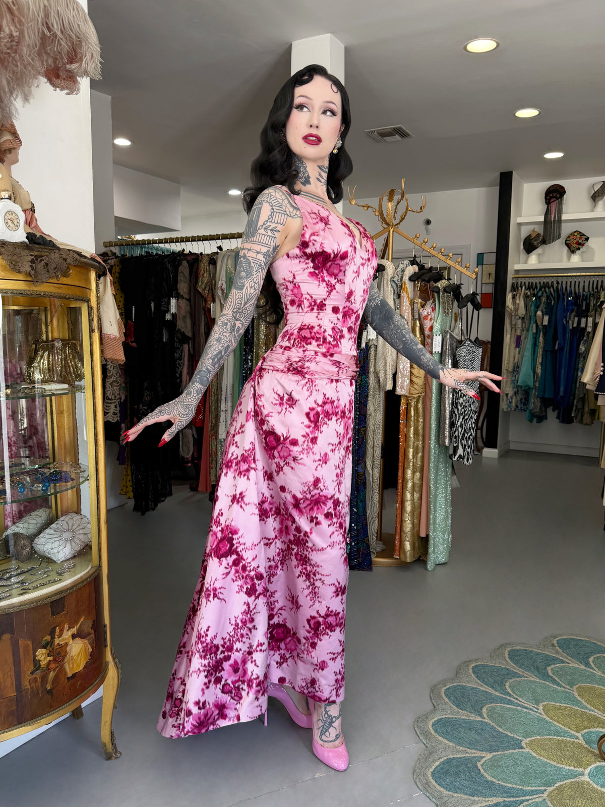1955 Samuel Winston Vogue Documented Pink Floral Silk Satin Sculptural Trained Gown