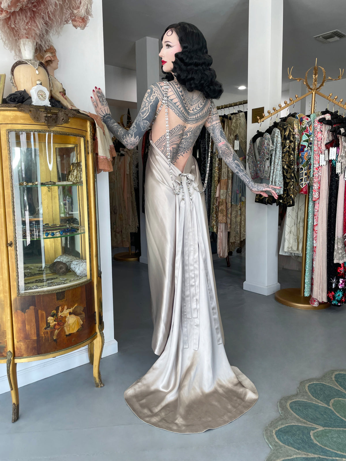 2006 Dsquared2 Platinum Silk Jeweled Backless Trained Glamour Gown