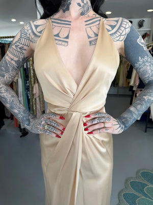 2011 Gucci Resort Collection Champagne Silk Draped Low-Plunge High Slit Maxi Slip Dress