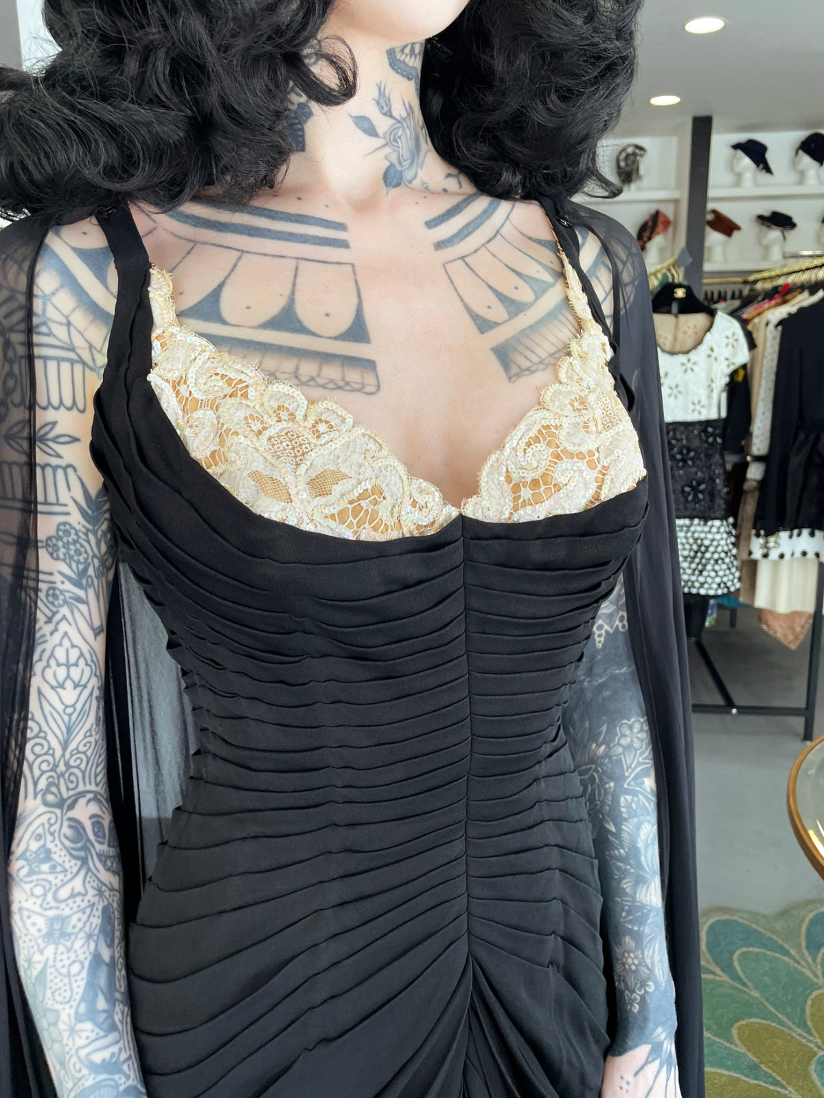 1964 Yma Sumac Documented Custom Couture Ruched Black Silk Hourglass Gown w/ Cape