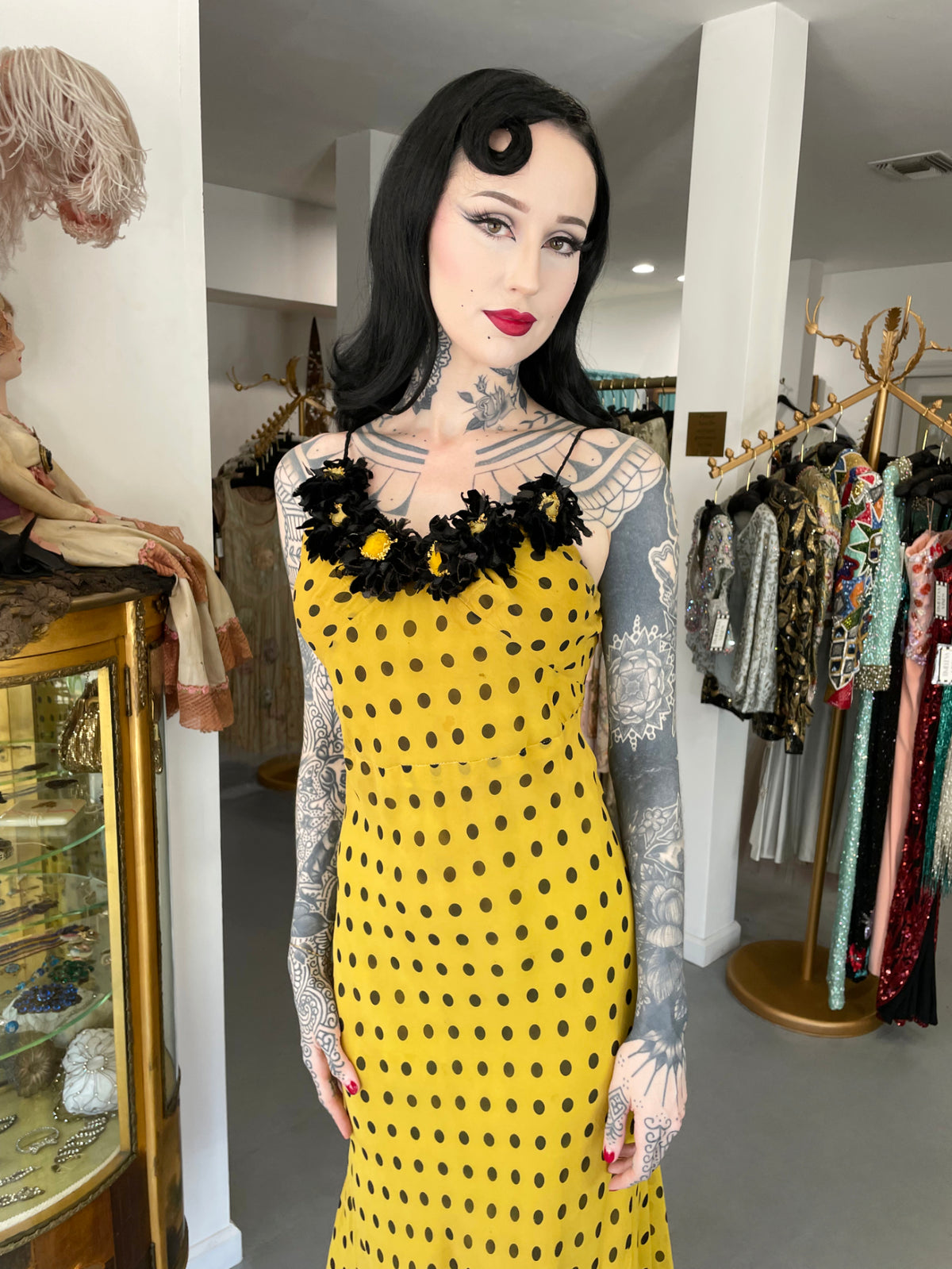 1930&#39;s Germaine Monteil Couture Polka Dot Silk Appliqué Bias-Cut Gown w/ Capelet