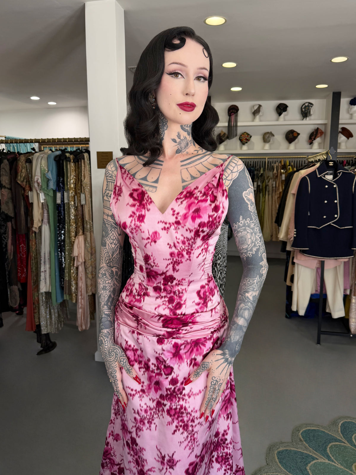 1955 Samuel Winston Vogue Documented Pink Floral Silk Satin Sculptural Trained Gown