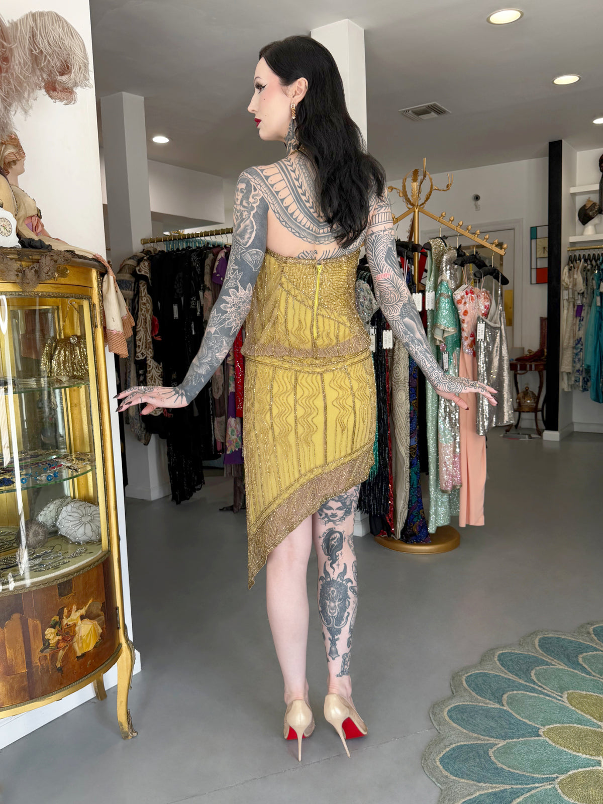 1992 Bob Mackie Runway Metallic Gold Fully-Beaded Halter High Slit 'Flapper' Dress