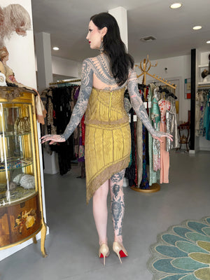 1992 Bob Mackie Runway Metallic Gold Fully-Beaded Halter High Slit 'Flapper' Dress