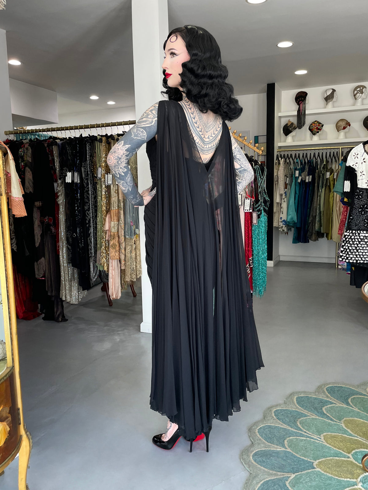 1964 Yma Sumac Documented Custom Couture Ruched Black Silk Hourglass Gown w/ Cape