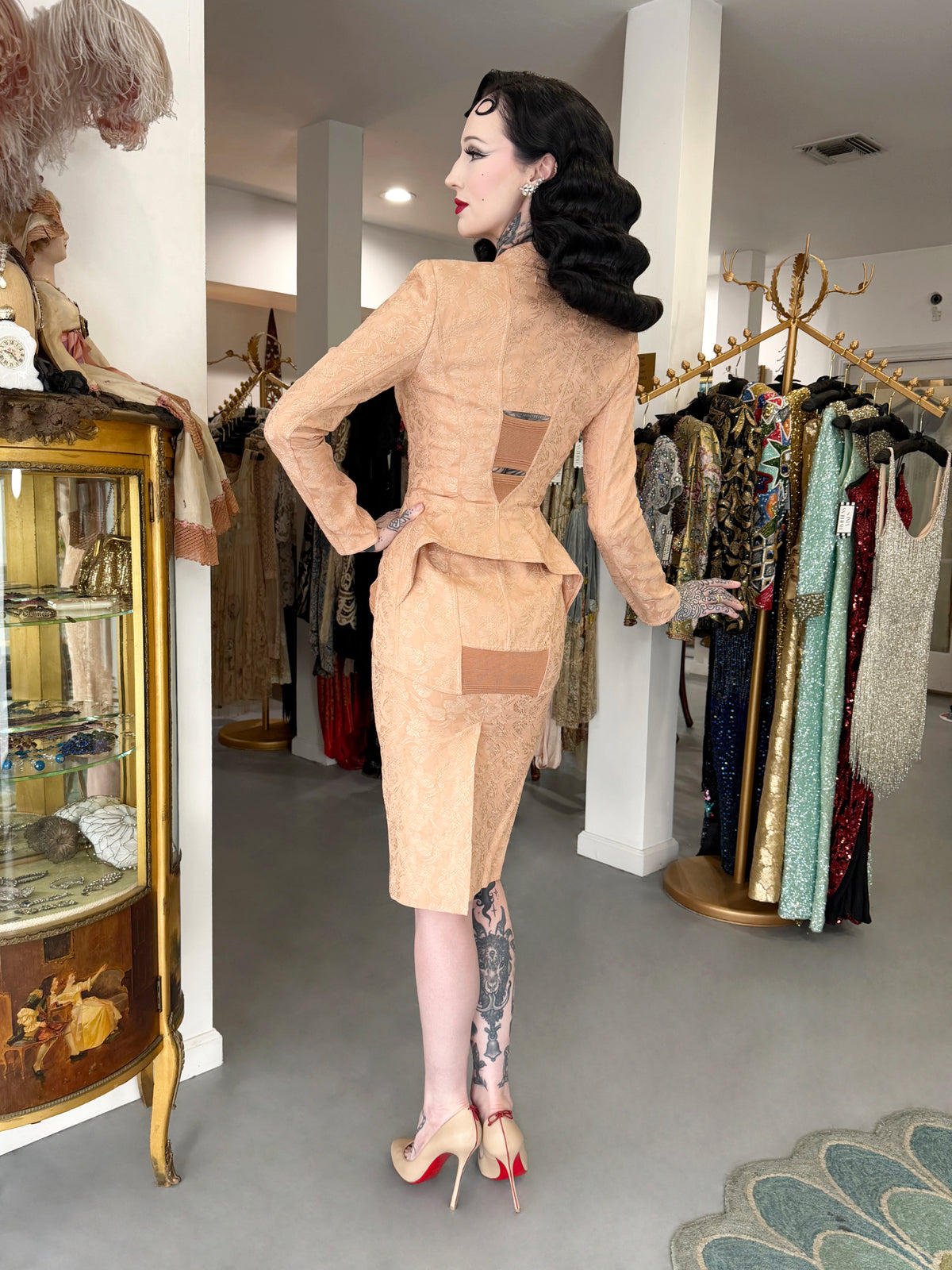 2004 Jean Paul Gaultier Runway Embroidered Blush Pink Corset Jacket & Matching Skirt