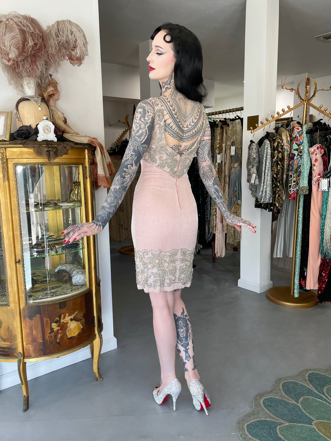 1965 Helen Rose Couture Fully-Beaded Blush Pink Silk Hourglass Dress 1965 Helen Rose Couture Fully-Beaded Blush Pink Silk Hourglass Dress