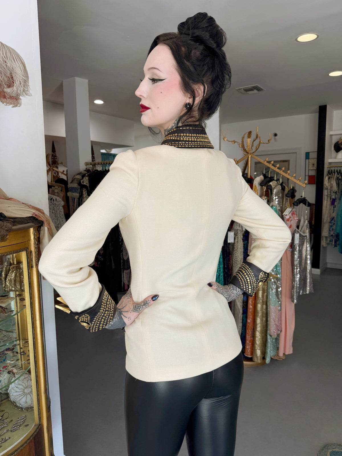 1992 Gianni Versace 'Miss S & M' Runway Collection Ivory Wool Studded Leather Editorial Jacket